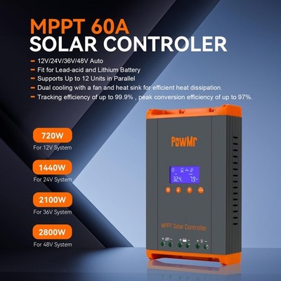 US Stock PowMr 60A MPPT Solar Charge Controller 12V-48V LiFePO4 Parallel 160V