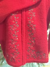 Vtg. Karen Scott Petites Red 100 Wool Embroidered  Beaded Zip Cardigan/sweater
