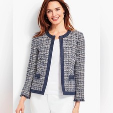 Talbots Chambray-Trim Tweed Jacket - Navy/White Size 16