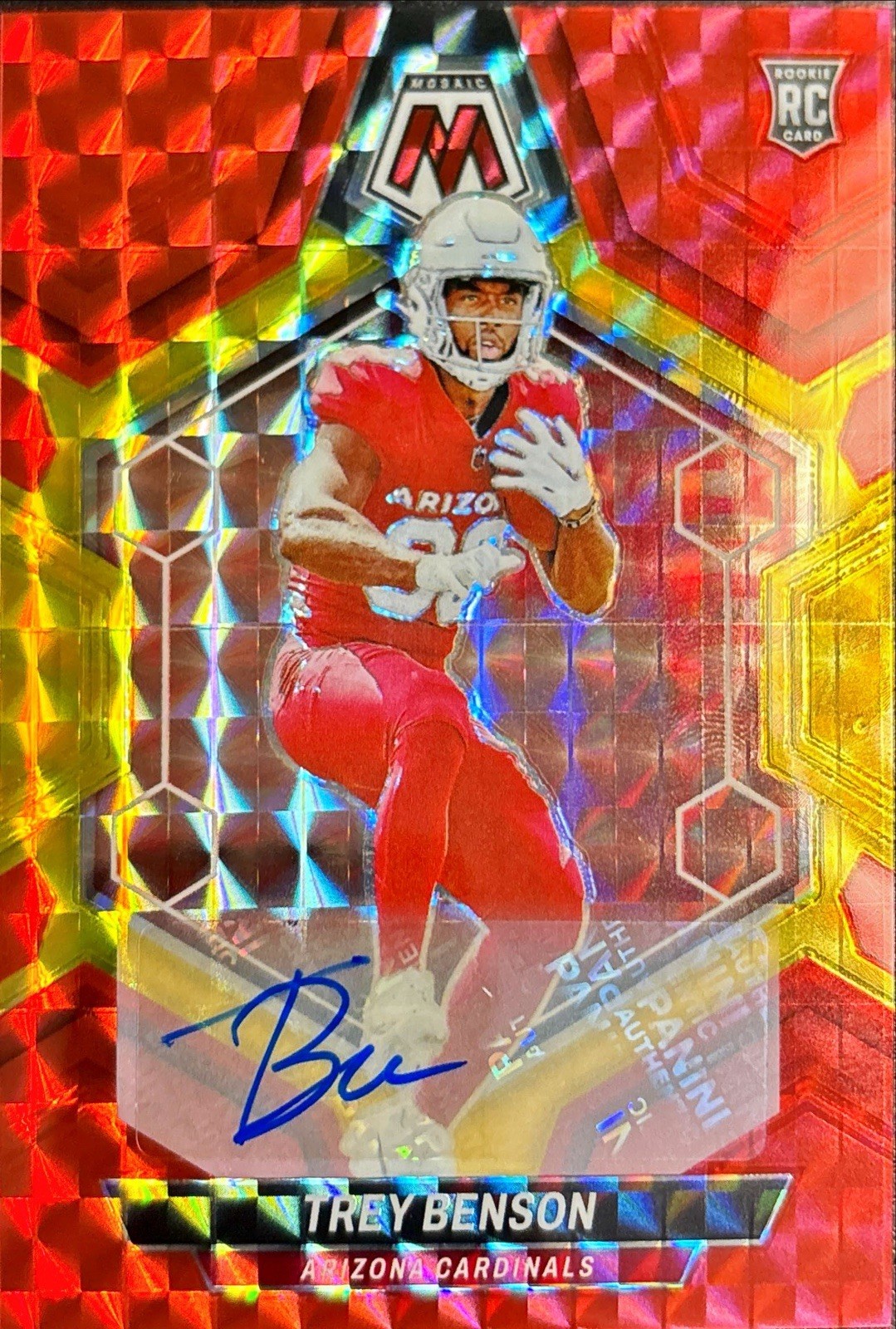 2024 Panini Mosaic Trey Benson Rookie Auto Red Yellow Fusion Prizm #360