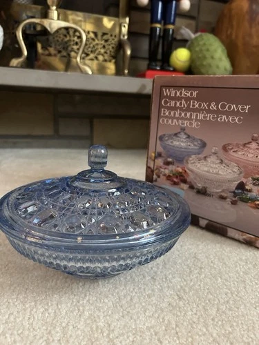 Depression  Windsor Blue Indiana Glass Covered Candy Dish with original BOX
