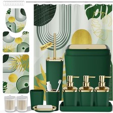 Bathroom Accessories Set - Bath Set Boho Shower Curtain Bath Rugs Dark Green