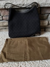 Gucci Monogram Fabric Britt Hobo Bag Dark Brown Leather Trim Includes Dust Bag