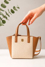 Tommy Hilfiger Mini Satchel Crossbody Bag Beige Brown Monogram NWT