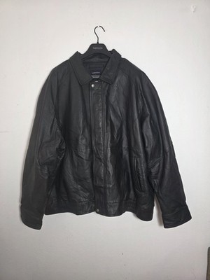 Harbor Bay Mens Black Leather Bomber Jacket 5X Big Full Zip Button Accent Pocket