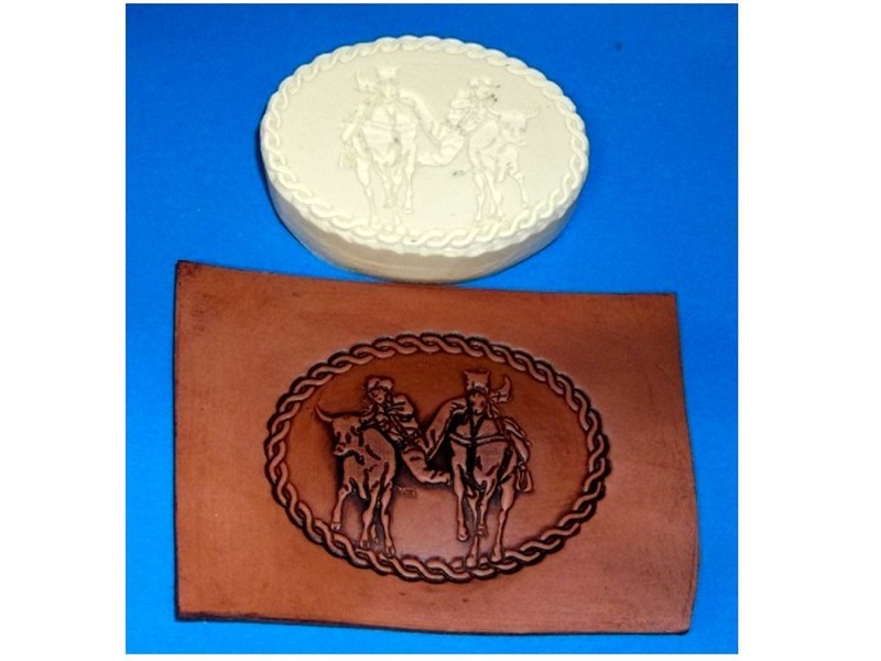 Rodeo Steer Wrestler Oval Leather Emboss Plate 3 1/4" x 2 1/2"