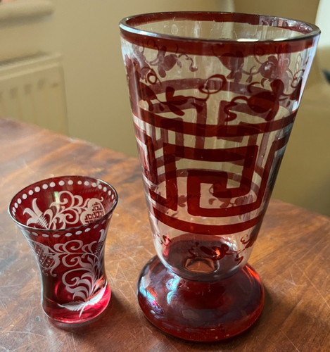 Cranberry RUBY coloured Bohemian decorated glass antique glasses FREE UK POST