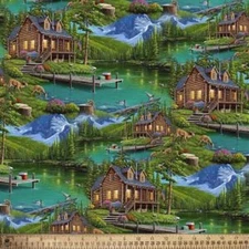 Cotton Harmony Log Cabins Lakes Multicolor Fabric Print by Yard D772.98