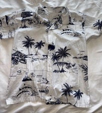 Boys Youth White Blue Hawaii Button Hawaiian Volcano Shirt Size 14 EUC