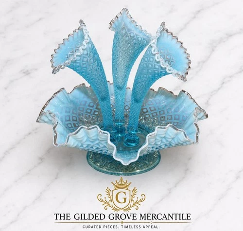 Vintage Fenton Art Glass Blue Opalescent Hobnail 3 Horn Epergne Vase READ