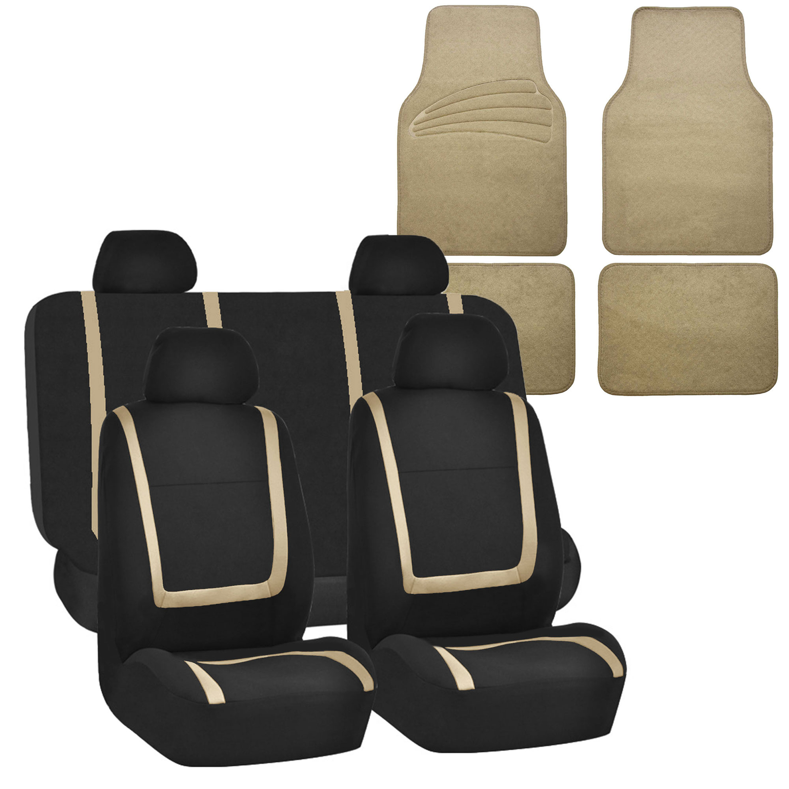 Universal Seat Covers For Auto Car Suv Van Beige Full Set w/ Beige Floor Mats