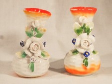 2 Occupied Japan miniature matching decorated porcelain bud vases roses orange