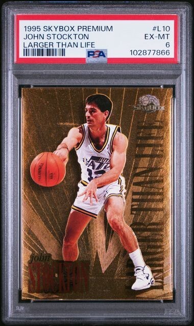 John Stockton #L10 Basketball Cards 1995 Skybox Premium Larger Than Life trading card — raw and PSA graded price guide