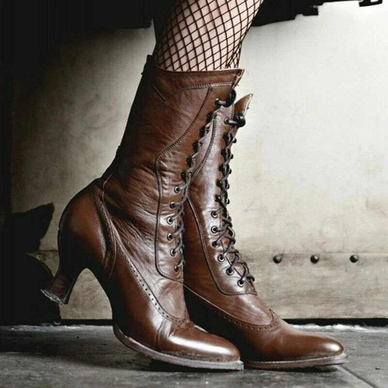 Women Lace Up Europe Victorian Boots Steampunk Lolita Mid Calf Leather High Heel