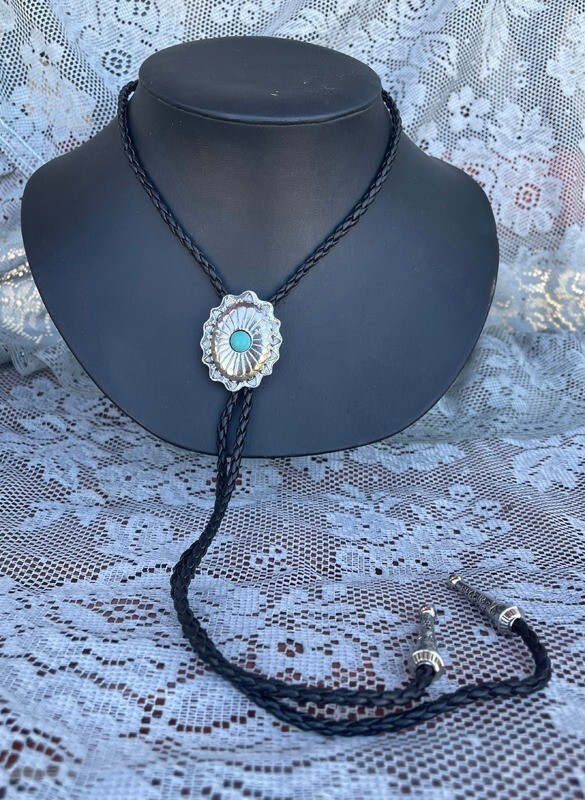 Western Bolo Leather Cord Southwestern Concho Design Turquoise Bolo Tie