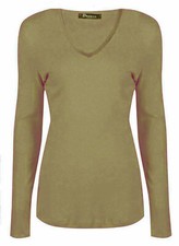 Women New V Neck T Shirt Plain Basic Long Sleeve Stretch Ladies Top 8-26
