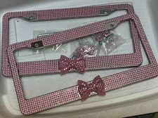 License Plate Frame Tag Cover Frame Pink Diamond Steel Metal 2PCS With Screw Cap