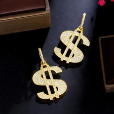 Gold Plated Big Statement US Dollar Letter Drop Earrings Cubic Zirconia Jewelry