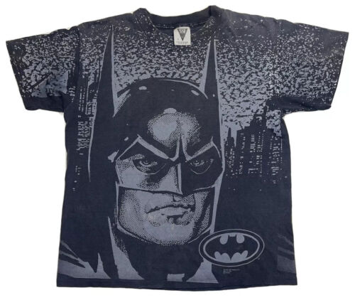 T-shirt vintage années 90 Batman Big Face imprimé partout SSI point unique USA rare L - Photo 1 sur 10