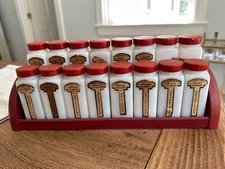 COMPLETE Griffith Milk Glass Spice Jar Set, 16 Jars with Red Lids and Rack.
