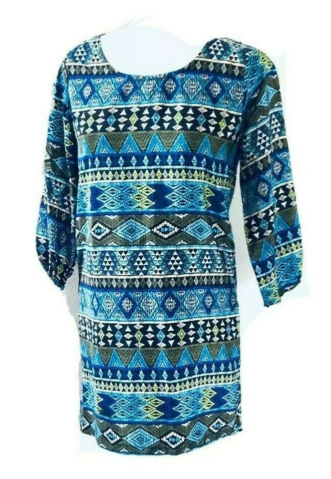 Feathers Blue Aztec Print Full Back Zipper Mini Tunic Dress S 50110 | eBay