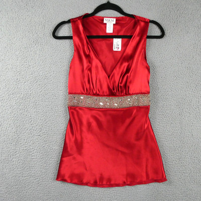 MKM Designs Red Satin Camisole Small Beaded Sequin Waist Tank Top Party Holiday