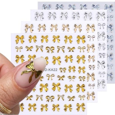 Metalic Gold Silver Bow Charms - 5D Embossed Stickers for Nails - 4PCS