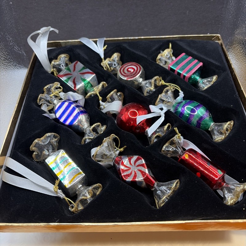 Vintage Thomas Pacconi Hand Blown Glass Candy Christmas Tree Ornaments In Box 9 