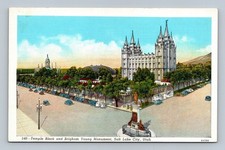 Vintage Linen Postcard Temple Block & Brigham Young Monument Salt Lake City