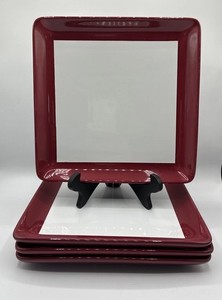 4 Pampered Chef Simple Additions~Cranberry Red & White Square Dinner Plates