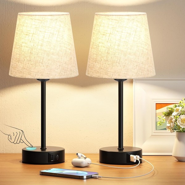 Nachttischlampe Dimmbar 2Er Set Touch Mit USB A+C Ladefunktion-image