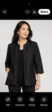 Coldwater Creek Black Textured Open Front Jacket 3/4 Sleeve Mid-Length PL