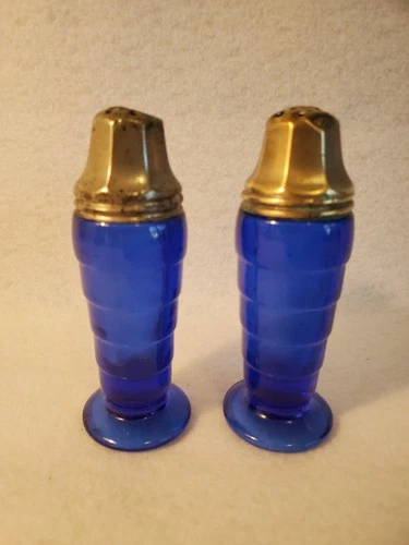 Vtg Hazel Atlas Depression Glass Cobalt Blue Moderntone Salt & Pepper Shakers