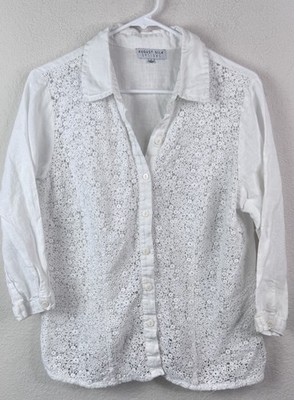 August Silk Options 100% Linen Button Up Shirt Women L White Lace Front Coastal