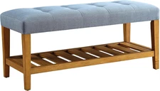 Charla Wood and Fabric Bench in Blue and Oak