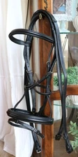 XF/X Full Sz Black Raised Padded English Dressage Bridle w/ Reins Flash Noseband