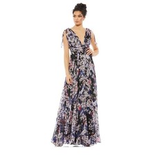 Ieena for Mac Duggal Floral V-Neck Maxi Gown Black Multi 55414 Mens Size 4 NWT