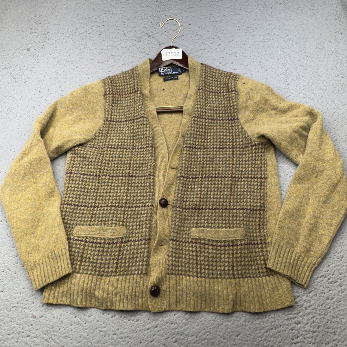 Vintage Polo Ralph Lauren Sweater Mens Large Check Wool Cardigan 