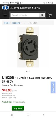 20A 480V NEMA L1620 Single Receptacle, 4-Wire 3-Phase, Black.               (41)