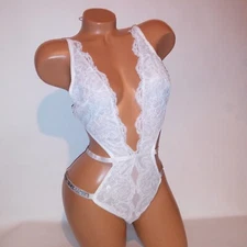 Victoria Secret Lingerie Teddy One Piece Bodysuit White Shine Strap Lace Plunge