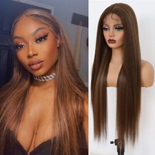 Synthetic Lace Front Wigs 32 Inch Long Straight Brown Blonde Highlights Women