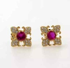 Lab Created Red Ruby 14k Yellow Gold Plated 2Ct Round Cut Flower Stud Earrings