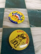 Vintage Happy Birthday Buttons (2) Religious Pins Made In USA Jesus Loves Me