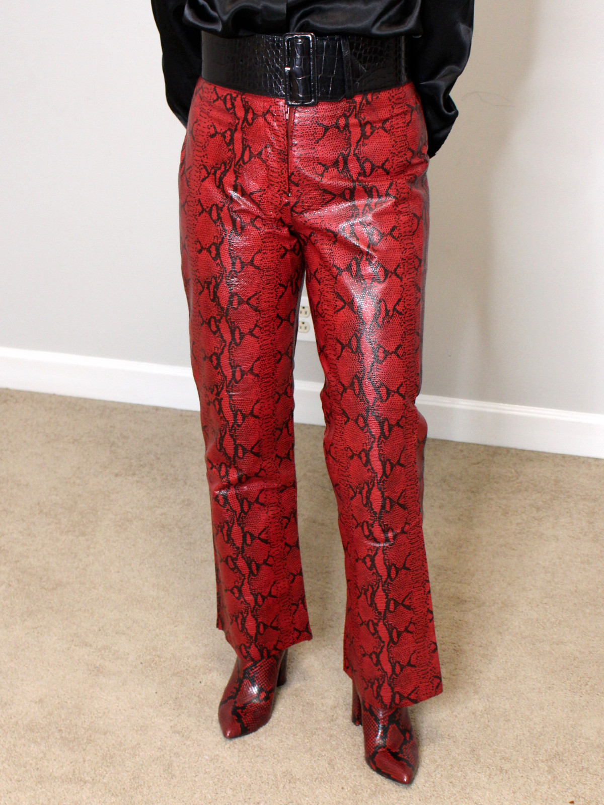 Vintage Danier Red Black Snakeskin Leather Pants Women's 8 Bootcut 90s Y2K