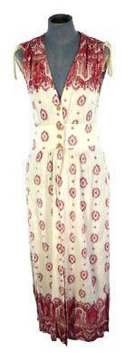 Zara Maxi Bohemian Kleid Bedruckt Bestickt Leinen Ecru Ärmellos Sommer Gr. S