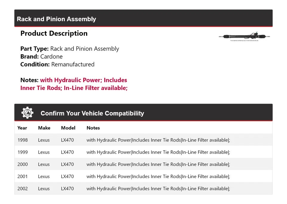 Conjunto de piñón y cremallera Cardone 1999 2000 2001 para Lexus LX470 1998-2002 Foto 2 de 4