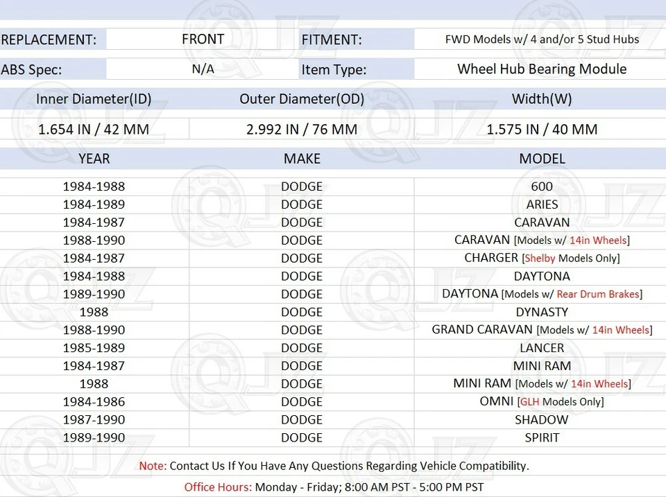 [DELANTERO (cantidad 2)] Repuesto de cojinete de cubo de rueda para Dodge Daytona 1984-1990 tracción delantera Foto 2 de 4