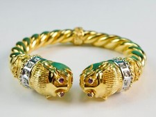 Diamond Ruby 18K Gold Griffin Lion Head Scythian Style Cuff Bangle Bracelet