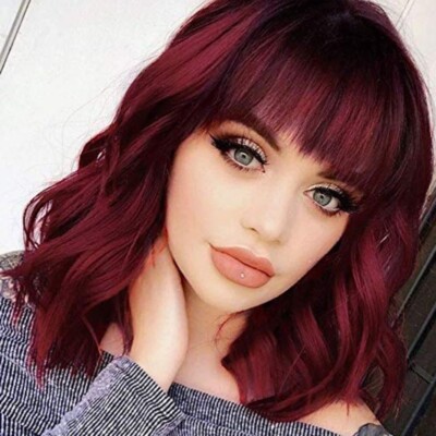 Nnzes Bob Curly Wig Synthetic Short Wine  with Bangs Natural Looking Heat.  F2