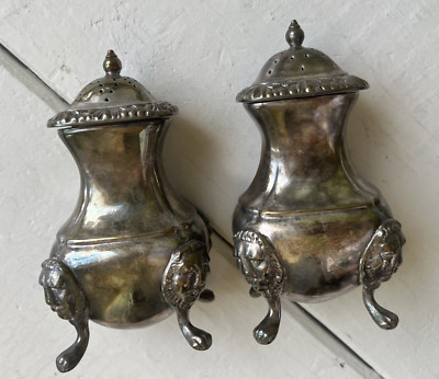 Antique Ellis Barker Lion Head Footed Silver Plate Salt Pepper Shakers